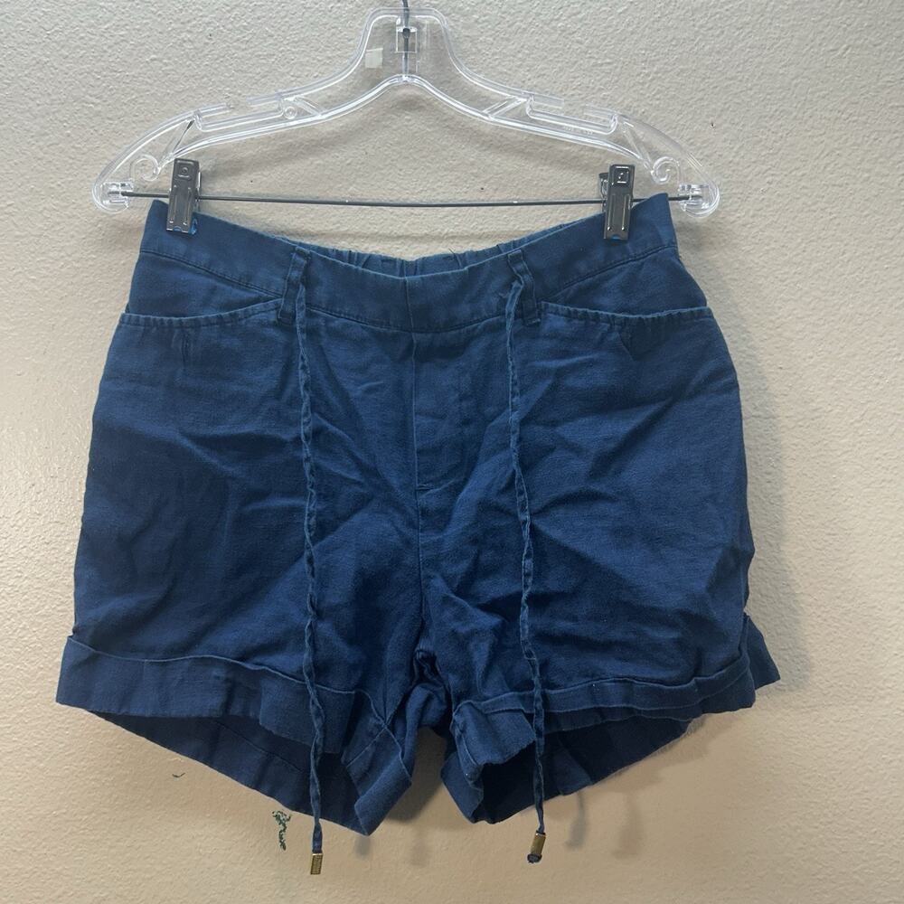 Ellen Tracy 100% Linen Cuffed Shorts Sz S Pull On Navy‎ Blue Casual Pockets